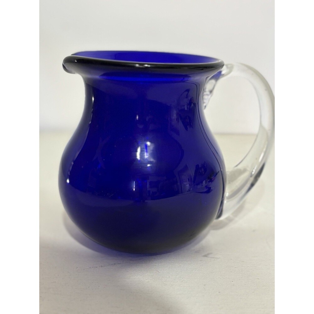 Vintage Hand Blown Cobalt Blue Crystal Creamer Pitcher With Clear Handle
